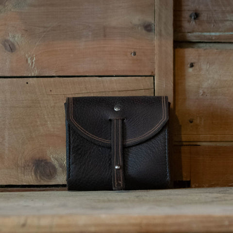 Leather Belt Pouch, dark brown, curved decorative flap with single belt loop, handmade at Nundle by Thabo Alberts