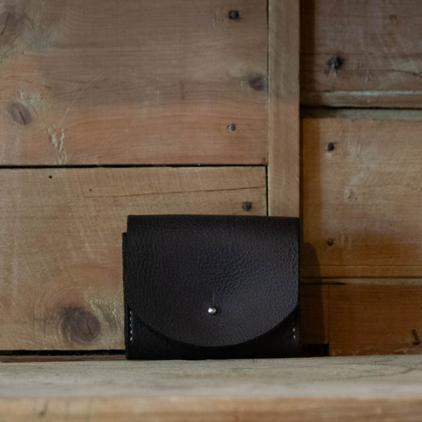 Leather Belt Pouch, dark brown, curved decorative flap, handmade at Nundle by Thabo Alberts