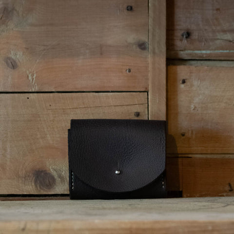 Leather Belt Pouch, dark brown, curved decorative flap, handmade at Nundle by Thabo Alberts