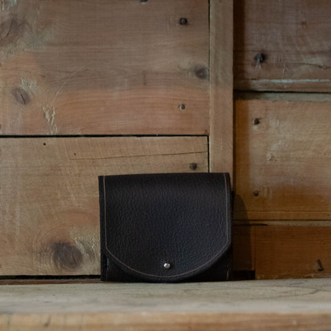 Leather Belt Pouch, dark brown, curved flap with single line detail, handmade at Nundle by Thabo Alberts