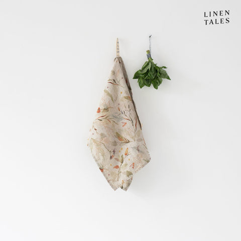 Linen tea towel, 40 x 65 cm, combining the drying and durability qualities of Lithuanian linen with stonewashed softness and appealing print and colour. Shown in Leaves on Natural print. Handmade from 100% linen (165g) in Lithuania by Linen Tales.