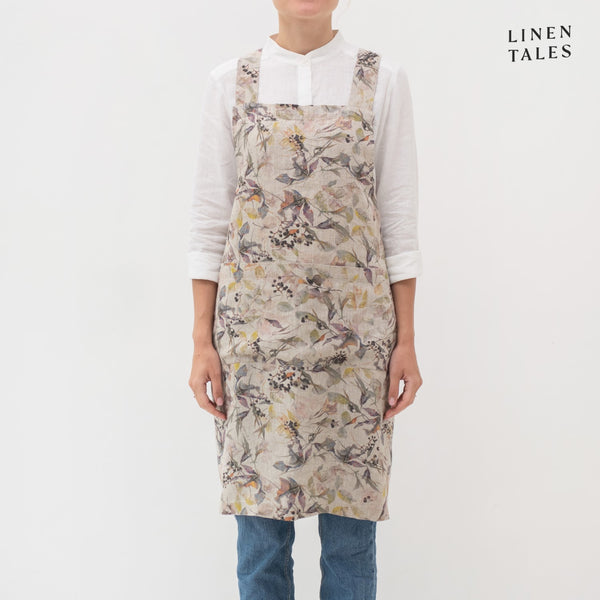APRON, CROSSBACK, LINEN, MEADOW ON NATURAL PRINT