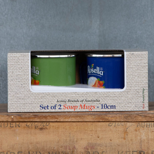 Serve warming soup in cheerful green and blue enamel mugs featuring the iconic Rosella brand logo, and Carrot and Potato Soup graphic on two sides.