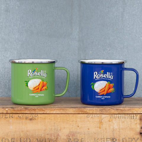 Serve warming soup in cheerful green and blue enamel mugs featuring the iconic Rosella brand logo, and Carrot and Potato Soup graphic on two sides.
