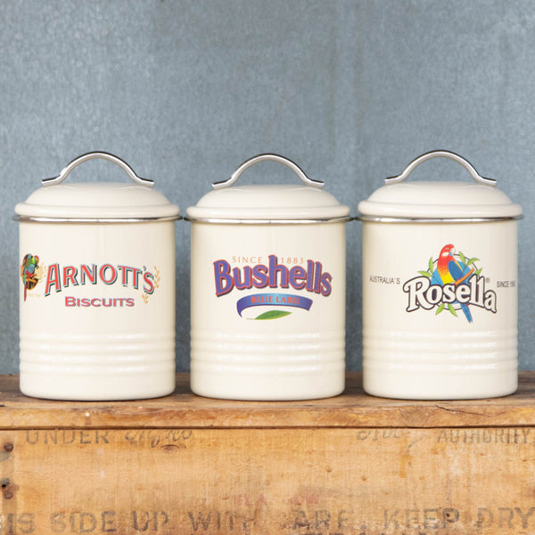 Enjoy three iconic Australian advertising logos printed on neutral cream coloured canisters. The three boxed canisters, feature vintage advertising brands Arnott's, Rosella, and Bushells.