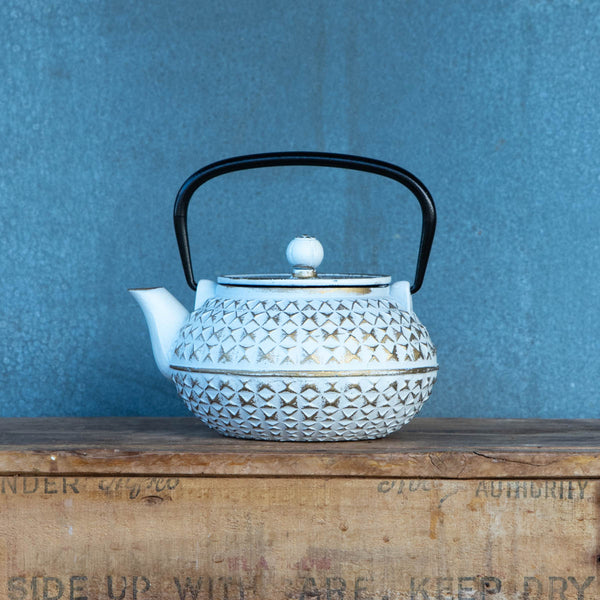 Enjoy the experience of drinking tea from a cast iron teapot, keeping your tea hot for longer. The Empress Teapot has a white and gold exterior finish, while the interior is a high quality black enamel coating with a removable stainless steel strainer for infusing loose leaf teas.