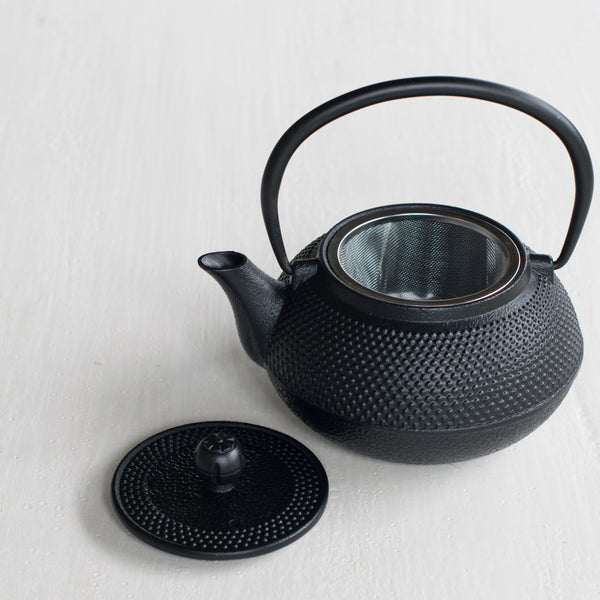 Cast iron teapot, black hobnail exterior, and enamelled interior with removable mesh infuser.