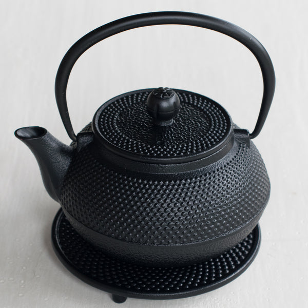 Cast iron teapot, black hobnail exterior, and enamelled interior with removable mesh infuser.