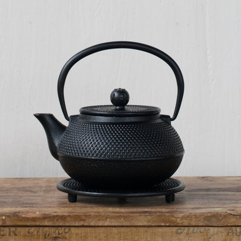 Cast iron teapot, black hobnail exterior, and enamelled interior with removable mesh infuser.
