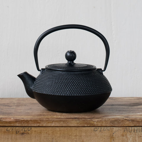 Cast iron teapot, black hobnail exterior, and enamelled interior with removable mesh infuser.