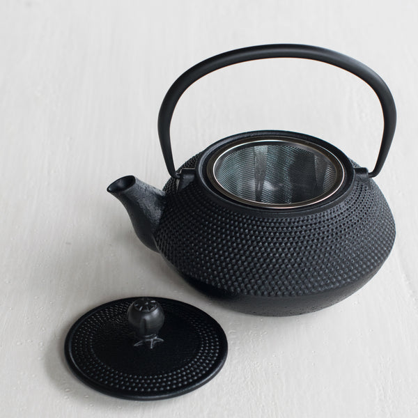 Cast iron teapot, black hobnail exterior, and enamelled interior with removable mesh infuser.