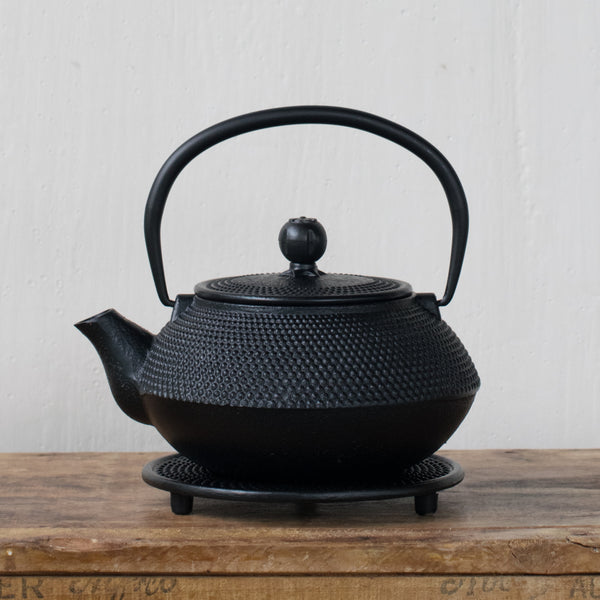Cast iron teapot, black hobnail exterior, and enamelled interior with removable mesh infuser.
