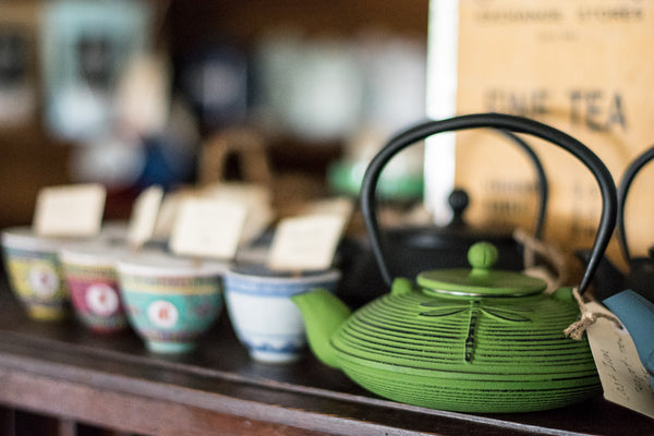 Cast iron teapot, green dragon fly exterior, and enamelled interior with removable mesh infuser.
