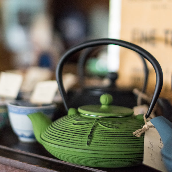Cast iron teapot, green dragon fly exterior, and enamelled interior with removable mesh infuser.