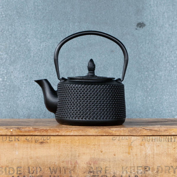 Cast iron teapot, black hobnail exterior, and enamelled interior with removable mesh infuser.