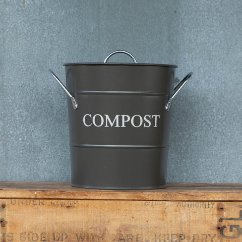 Compost Bin with lid and removable, washable bucket liner. Perfect for storing kitchen scraps for chickens or the compost pile. Charcoal exterior with the word 'Compost' in chalk coloured printing.