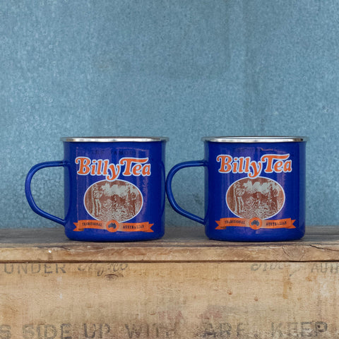 Enjoy the nostalgia and iconic vintage advertising brands of our enamel mugs, featuring the Billy Tea logo, against a blue background. 