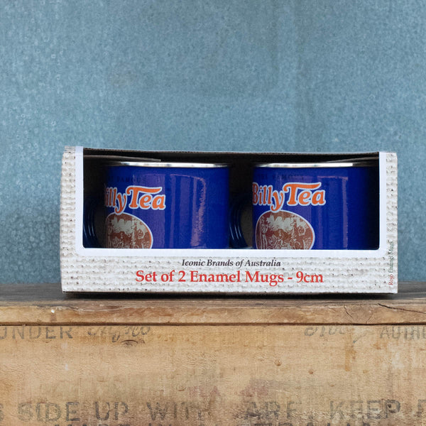 Enjoy the nostalgia and iconic vintage advertising brands of our enamel mugs, featuring the Billy Tea logo, against a blue background. 