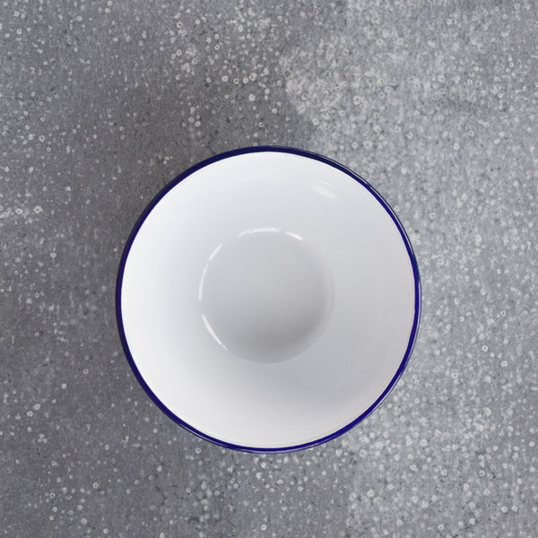 A Falcon enamel cereal bowl in Falcon's traditional ice white and cobalt blue. Too useful to keep just for breakfast, bring it out of the cupboard for lunch and dinner too.