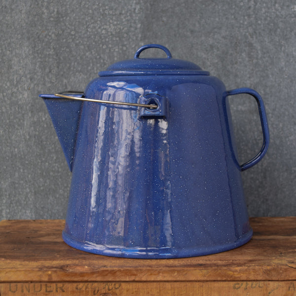 For when you are making tea for a crowd or need off the grid hot water, a Falcon enamel 4.5 litre jumbo teapot for direct use on the wood, gas or electric stove. Available in cobalt blue with white speckle.