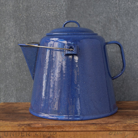 For when you are making tea for a crowd or need off the grid hot water, a Falcon enamel 4.5 litre jumbo teapot for direct use on the wood, gas or electric stove. Available in cobalt blue with white speckle.