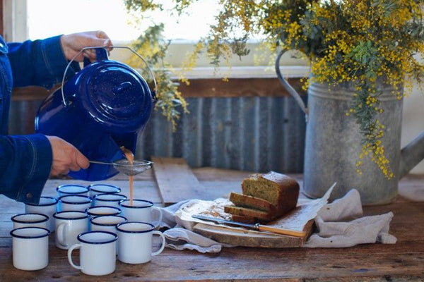 For when you are making tea for a crowd or need off the grid hot water, a Falcon enamel 4.5 litre jumbo teapot for direct use on the wood, gas or electric stove. Available in cobalt blue with white speckle.