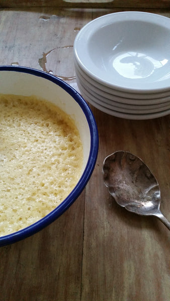 Falcon Enamelware Mixing Bowls, set of three, in white with a blue rim. Think beyond mixing, to storing and serving. Ideal for a shared salad, serving a bowl of olives or whisking an egg. 