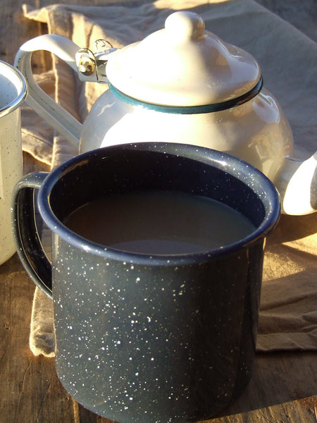 Reminiscent of camping holidays and Australian shearers' mess halls, the Falcon enamel mug in blue with a white speckle is available in four sizes, 125ml, 350ml, 500ml and 750ml.