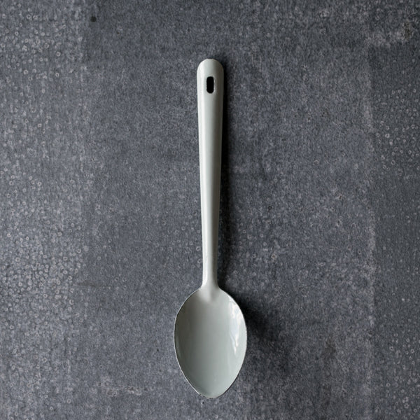 New in stock, a Falcon enamelware spoon in duck egg, 30cm long. Use for stirring foods during cooking or serving food onto plates for sharing. 