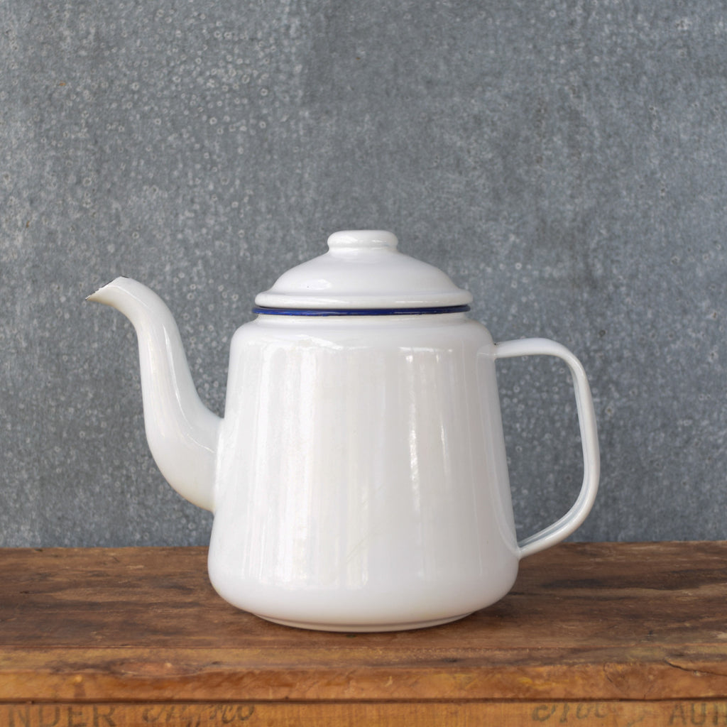 Falcon enamel teapot 1.25 litre white with blue rim Odgers and McClelland Exchange Stores