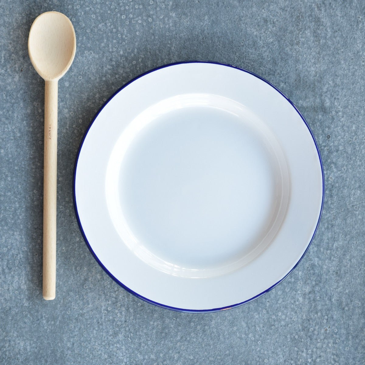 Falcon enamel plate, dinner plate, flat, white with blue rim