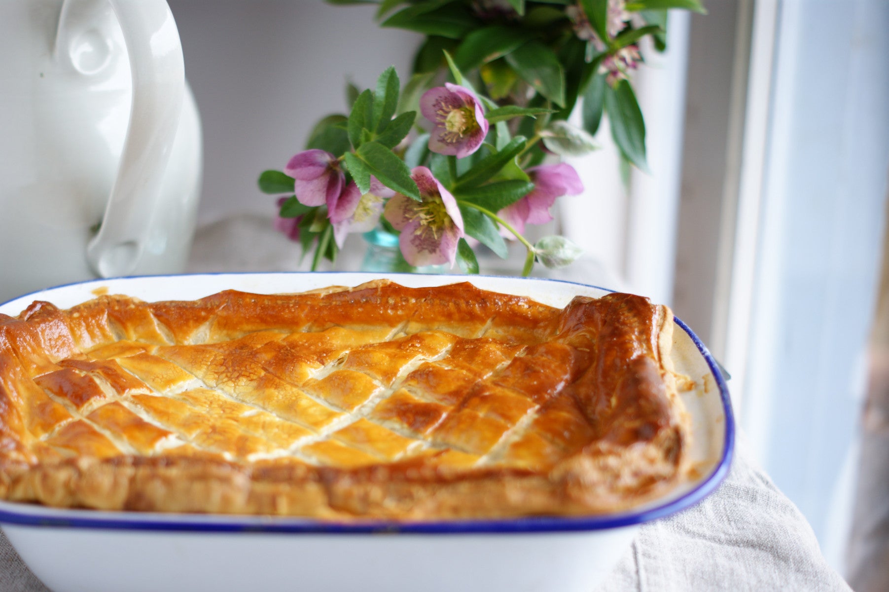 Falcon enamel pie dish, blue rim Odgers and McClelland Exchange