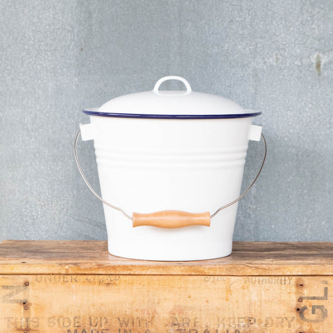 One of our most popular products, the Falcon enamel five litre bucket with wooden grip handle. Perfect for collecting vegetable and fruit scraps for chickens, worm farms, or compost.