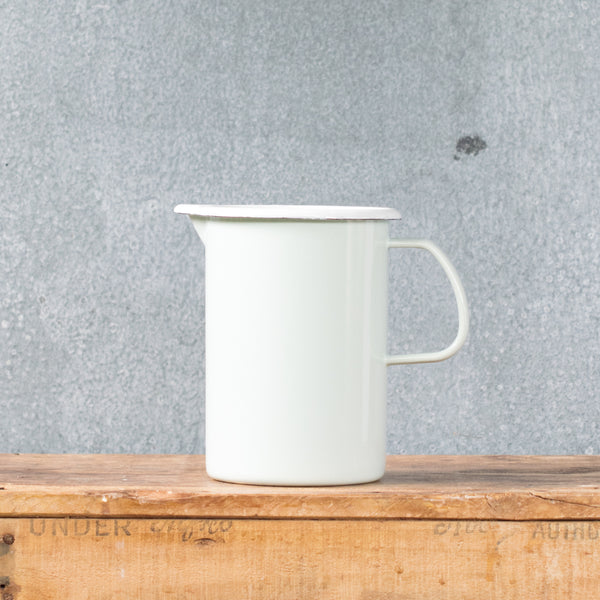 A must-have Falcon enamel measuring jug, one litre/4 cups, in black, white, duck egg or grey exterior and white interior with black printed measures. Extremely useful for measuring and pouring liquids when cooking.