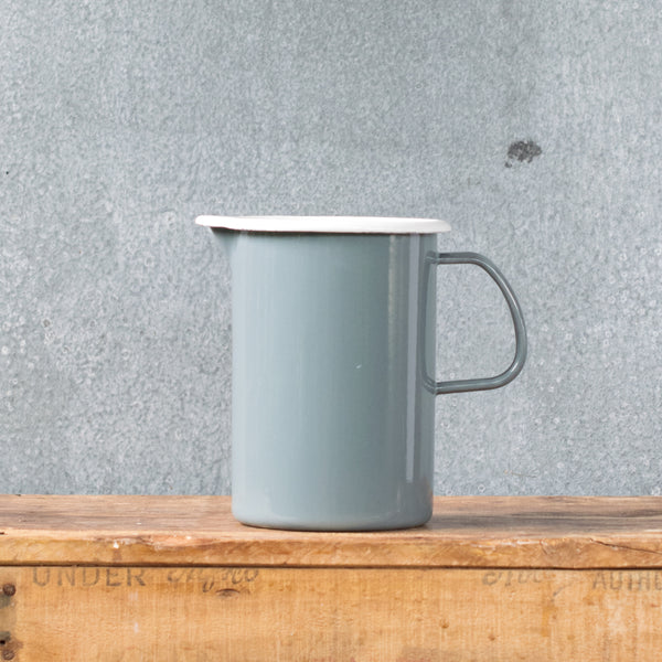 A must-have Falcon enamel measuring jug, one litre/4 cups, in black, white, duck egg or grey exterior and white interior with black printed measures. Extremely useful for measuring and pouring liquids when cooking.