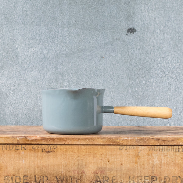 Falcon enamel miniature saucepan, grey with timber handle.