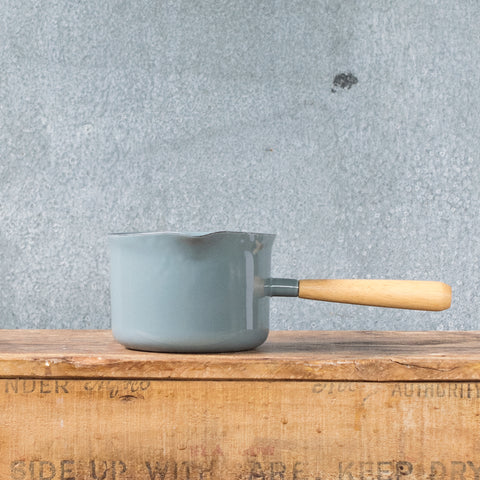 Falcon enamel miniature saucepan, grey with timber handle.