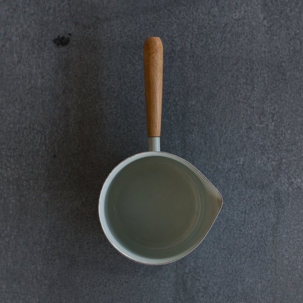 Falcon enamel miniature saucepan, duck egg with timber handle.