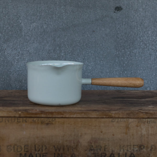 Falcon enamel miniature saucepan, duck egg with timber handle.