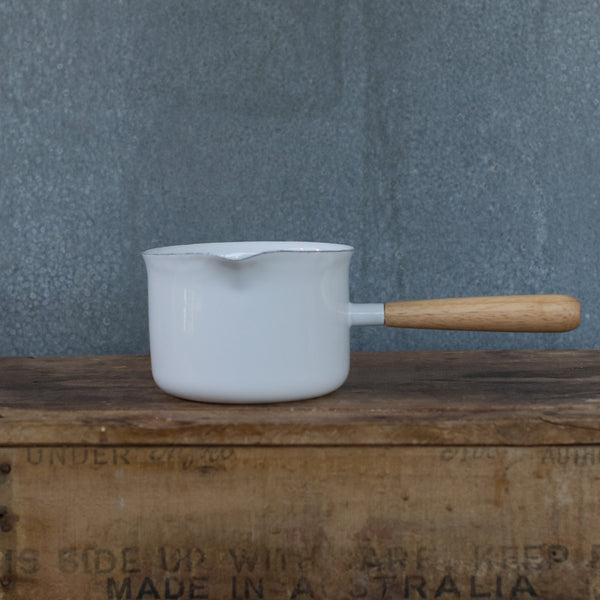 Falcon enamel miniature saucepan, white with timber handle.