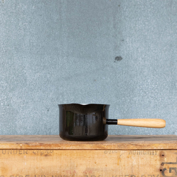 Falcon Enamel Miniature Saucepan, deluxe two-tone black and white with timber handle.