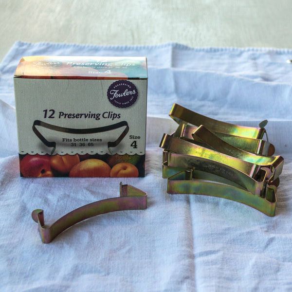 Stock up on a box of 12 hard-to-find Fowlers Vacola Preserving Clips, size 4 to fit bottle sizes 31, 36, and 65. After processing leave preserving clips on bottles for 12-18 hours to help form the perfect vacuum seal.
