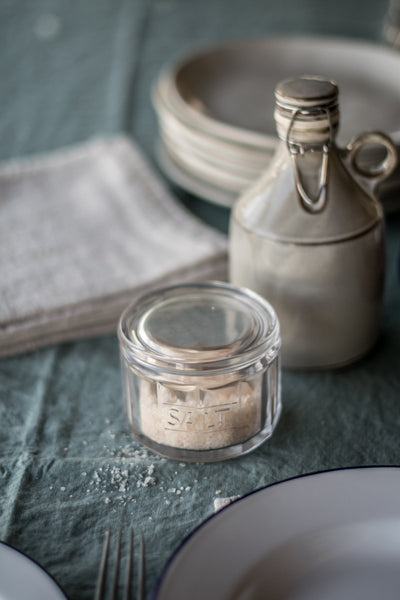 Salt pot and lid made from glass, with beechwood scoop. Leave it out on the kitchen bench for easy access when cooking and move it to the table when it's time to sit down to dinner. 
