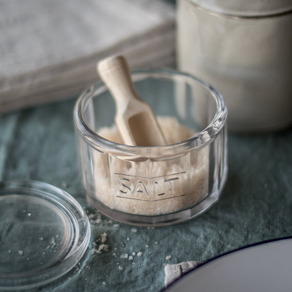 Salt pot and lid made from glass, with beechwood scoop. Leave it out on the kitchen bench for easy access when cooking and move it to the table when it's time to sit down to dinner. 