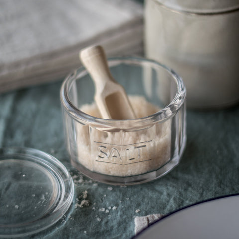 Salt pot and lid made from glass, with beechwood scoop. Leave it out on the kitchen bench for easy access when cooking and move it to the table when it's time to sit down to dinner. 