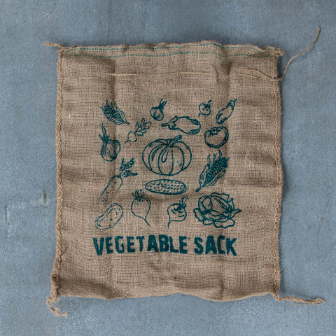 Hessian Vegetable Sack, with drawstring, for storing onions, potatoes or other garden produce. Reusable, breathable and long lasting for environmentally friendly storage.