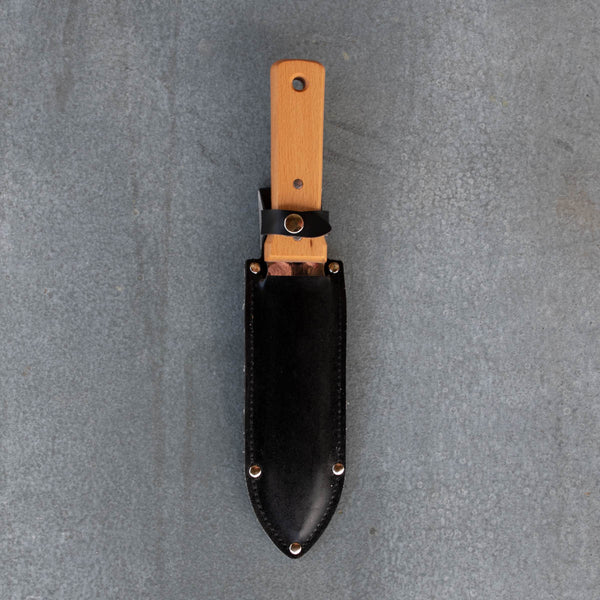 Japanese made Hori Hori Garden Knife and Sheath for cutting, digging, planting, and weeding in the garden. 