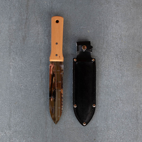 Japanese made Hori Hori Garden Knife and Sheath for cutting, digging, planting, and weeding in the garden. 