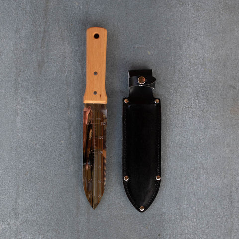 Japanese made Hori Hori Garden Knife and Sheath for cutting, digging, planting, and weeding in the garden. 