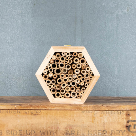A hexagon Insect Hotel, with bamboo to provide safe hollows to encourage solitary bees, butterflies, ladybirds and other beneficial insects in your garden.